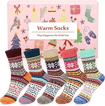 Airabc Thermal Winter Women Socks 5 Pairs Wool Warm Knitting Ladies Socks Vintage Style Soft Cotton Thick Woman Bed Sock Multicoloured for Home Office School Hiking, Ideal Christmas Gifts for Women