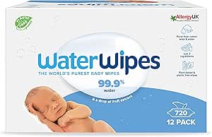 WaterWipes Plastic-Free Original Baby Wipes, 99.9% Water Based Wipes, Unscented for Sensitive Skin, 720 count (Pack of 12)