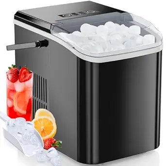 Sweetcrispy Countertop Ice Maker Machine Self-Cleaning, Fast Making 9 Ice Cubes in 6 Minutes, 26.5lbs/24Hrs, 2 Sizes Bullet Ice, Portable Ice Machine with Ice Scoop, Basket and Handle, Black