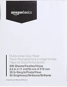 Amazon Basics Multipurpose Copy Printer Paper, 8.5 x 11 inches, 20 lb, 1 Ream, 500 Sheets, 92 Bright, White