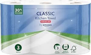 by Amazon Classic Kitchen Roll, 3-ply, Strong and Absorbent, 3 Rolls (1 Pack of 3), 80 Sheets per Roll, FSC Certified